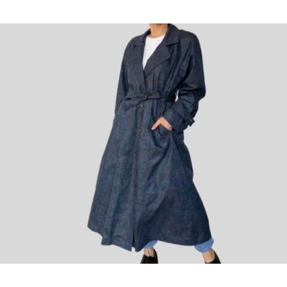 Vintage Dark Academia Quiet Luxury London Fog Blue/Purple Floral Trench Coat 12P - Picture 3 of 11